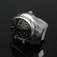 Stainless Steel Silvery Ring Watch with Oval-shaped Gemstone Cover