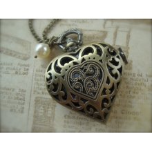 STAR CROSSED LOVERS - Hunger Games Inspired Heirloom Style Heart Pocket Watch Necklace with Swarovski Pearl Peeta Katniss