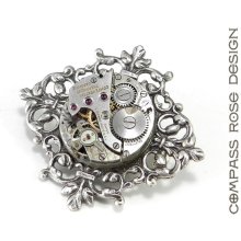 Steampunk Brooch, Watch Brooch Lapel Pin - Silver Antique Jewel Bearing Watch Movement Pin - Vintage Style