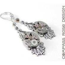 Steampunk Earrings, Edwardian Watch Jewelry, Mechanical Movement Clockwork, Silver & Gold Crystal