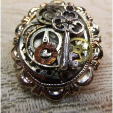 Steampunk Pewter Brooch Layered Watch Gears, Tiny Antique Key