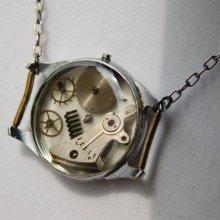 steampunk stainless steel neckace - handmade artisan designed recycled vintage watch movement - vintage stainless steel - spring time