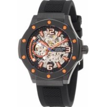 Stuhrling Original 160A2.335657 Mens Large Automatic Skeleton with Black IP Caseandamp;#44; Black-Orange Dial and Black Rubber Strap