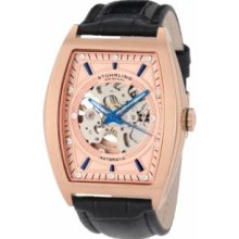 Stuhrling Original 182C.334514 Mens Skeleton Watch Rosetone Tonneau-Shaped Case with Rosetone Skeletonized Dial on Black Leather Strap