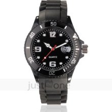 Stylish Cool Black Silicon Band Unisex Casual Quartz Calendar Watch Wristwatch