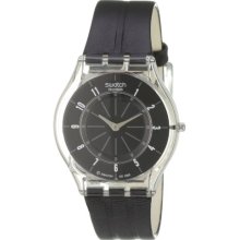 Swatch Unisex Tout Au Trait Black Dial Leather Strap Watch