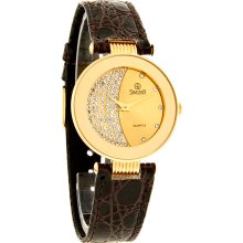 SwiStar Eclipse Crystal Mid-Size 30mm 18K Gold Plated Brown Leather Quartz Watch