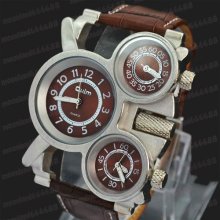 Three Time Display Men's Sport Military Army Quartz Leather Wrist Watch Brown