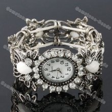 Tibetan Silver White Resin Crystal Butterfly Watch Bracelet Fashion Bangle