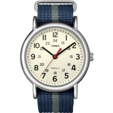 Timex T2n654 Men's Weekender White Dial Blue And Gray Slip Thru Nylon Band Watch