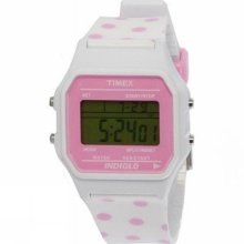 Timex Women's Classic Pink Dotted White Resin Digital Watch T2n381