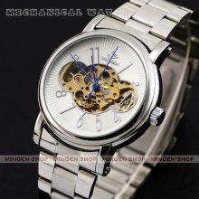 U033 - Silver Tone Skeleton Steel Strap Automatic Mechanical Business Men Watch