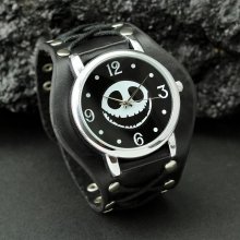 Unisex's 2color Skullhead Face Round Dial Black+brwon Faux Leather Watchband