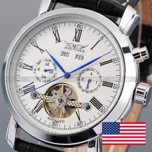 Us Warehouse Men Automatic Mechanical White Tourbillion Date Leather Wrist Watch