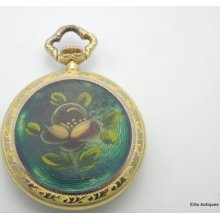 Vintage Kelbert Hanging Guilloche Ladiesgreen Enamel With Roses Watch