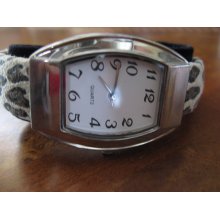 Vintage Quartz Cuff Watch - Silvertone - Soft LEOPARD Suede band - W66