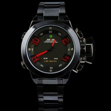 Weide Fashion Black Dial Red Hand Stainless Steel LCD Quartz Watch W0050 - Black - Other