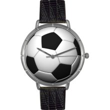 Whimsical Watches Soccer Lover Black Leather And Silvertone Photo Watch #T0840007