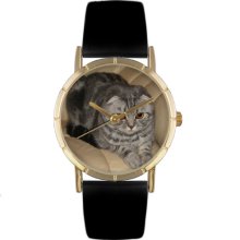 Whimsical Watches Unisex Scottish Fold Cat Photo Watch with Black Leather Color: Goldtone