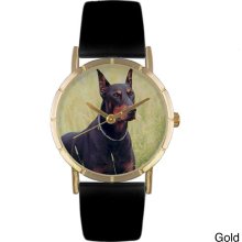 Whimsical Women's Doberman Photo Black Leather Strap Watch (Silver)