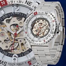 White Dial Gear Doodle Mechanical Skeleton Automatic Stainless Steel Wrist Watch