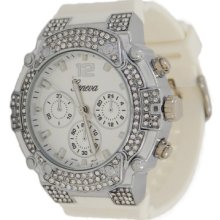 White Hard Rubber And Silver With Crystals Men's Or Women's Geneva Watch