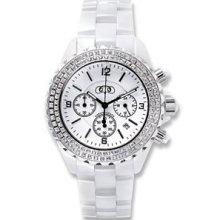 White Oversized Ceramic Chronograph Watch with CZ Bezel