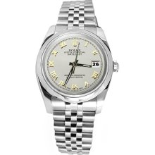 White roman dial smooth bezel rolex date just SS watch jubilee bracelet datejust