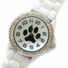 White With Black Paw Print Silicone Strap Crystal Rim Watch