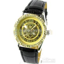 Winner Fashion Rome Word Dial Strap Gold Hollow Mechanical Diamond W