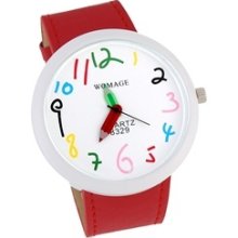 WOMAGE Number Dial Pencil Hands Women's Analog Watch (Red)