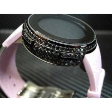 Womens Custom I-gucci Digital Black Color Diamond Watch Pink Band 5cts Digital