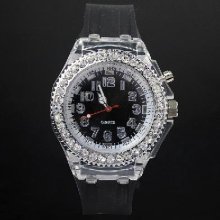 Women's CZ Diamond Silicone Quartz Jelly Candy Wrist Watch Black