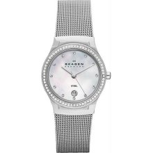 Women's Stainless Steel Case Mesh Bracelet Mother of Pearl Dial Date Display