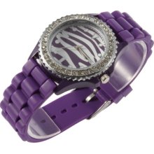 Zebra Stripe Dial Crystal Rhinestones Silicone Soft Band Watch