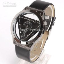 1pcs Lady Coffee Leather Quartz Wrist Rim Clear Crystal Watch Nt0374