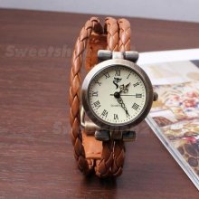 1pcs Swt Fashion Leather Retro Bracelet Weave Wrap Around Lady Woman Wrist Watch