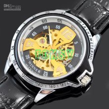 20pcs/lot New Arrvial Men Gold Tone Mechanical Hollow Watch Leather