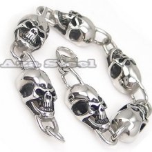 316l Men's Silver Skull Horror Biker Stainless Steel Chain Bracelet 21cm Or 8.5