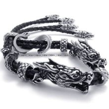 316l Stainless Steel Genuine Leather Double Twisted Dragon Bracelet M074604