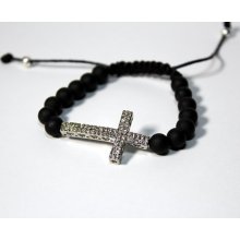 40% Off Entire Store - Mens Cross Bracelet with Matte Stone Needle Beads and a Crystal Rhinestones Cross