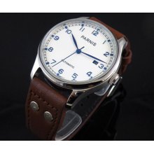 43mm Parnis White Dial Automatic Blue Hands Men Watch Rivets Leather X001-b