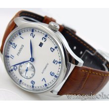 43mm Parnis White Dial Automatic Mechanical Seagull Mens Watch Date Window 030f