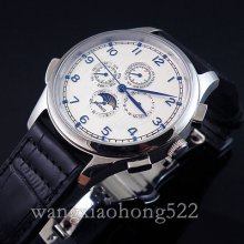 44mm Parnis White Dial Blue Marksautomatic Chronometer Moon Phase Mens Watch252w