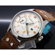 47mm Parnis Big Pilots White Dial Orange Numeral Automatic Watch Brown Strap 299