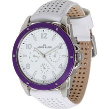 Ak Anne Klein Leather Strap Round Watch Purple/ White 9657prwt