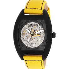 Akribos XXIV Men's Yellow Stainless Steel Skeleton Automatic Tonneau Strap Watch