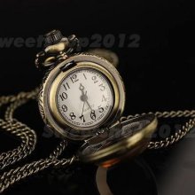 Antique Dark Brown Glass Necklace Quartz Pocket Watch Bronze Chain Swg Gift