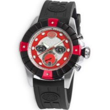 Aurora Aurora Chrono Watch Steel Case Black Bezel Red Indicators Rubber Strap