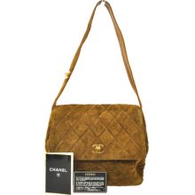 Authentic Chanel Brown Quilted Cc Logos Shoulder Bag Suede Italy Vintage Wt00093